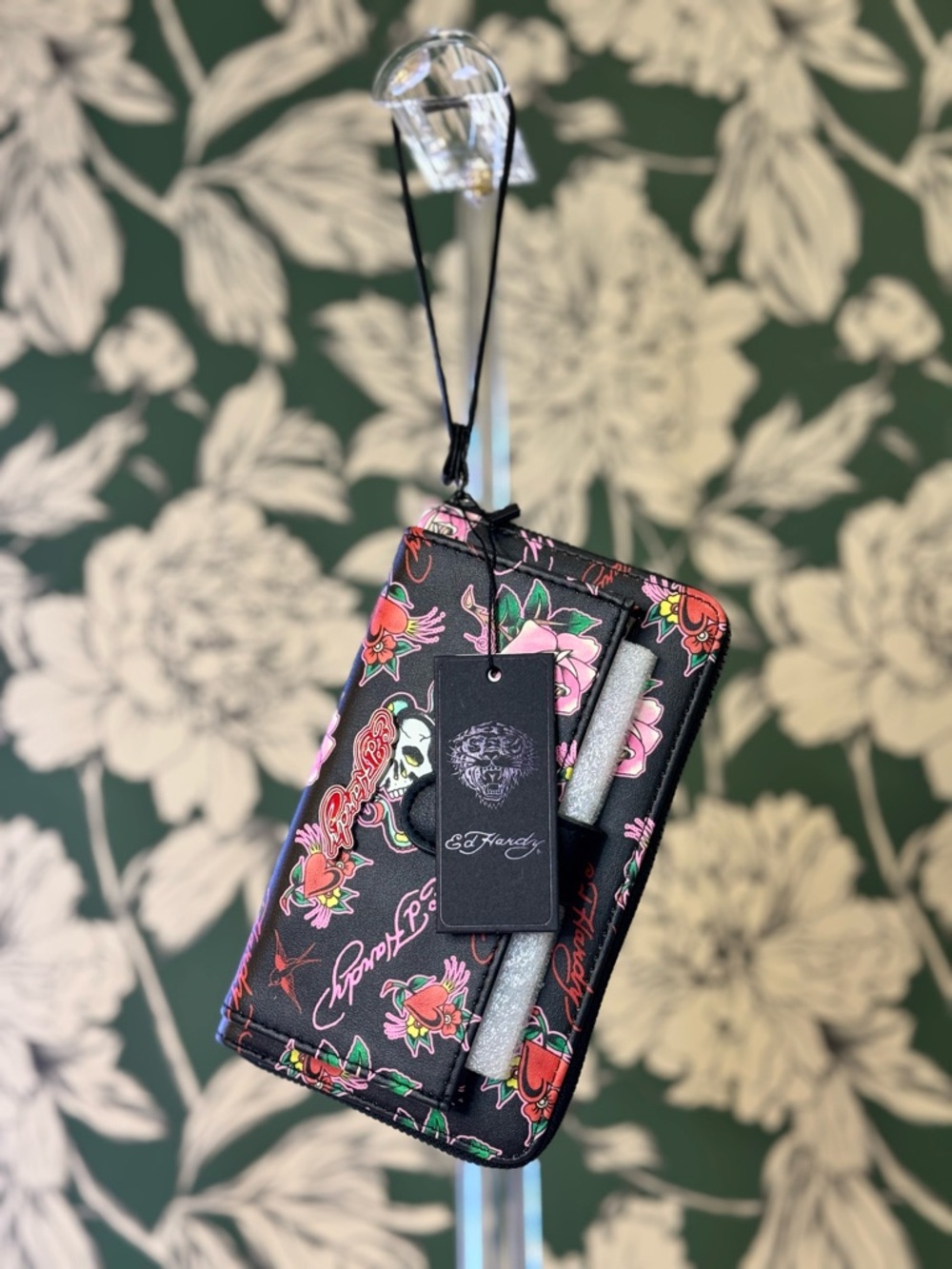 Ed Hardy Black Floral Skull Wristlet Clutch with Pink & Red Accents NWT